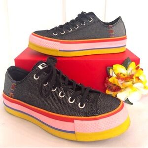 CONVERSE ~ Black Lace Up Canvas Sneakers with Multicolored Rainbow Platform